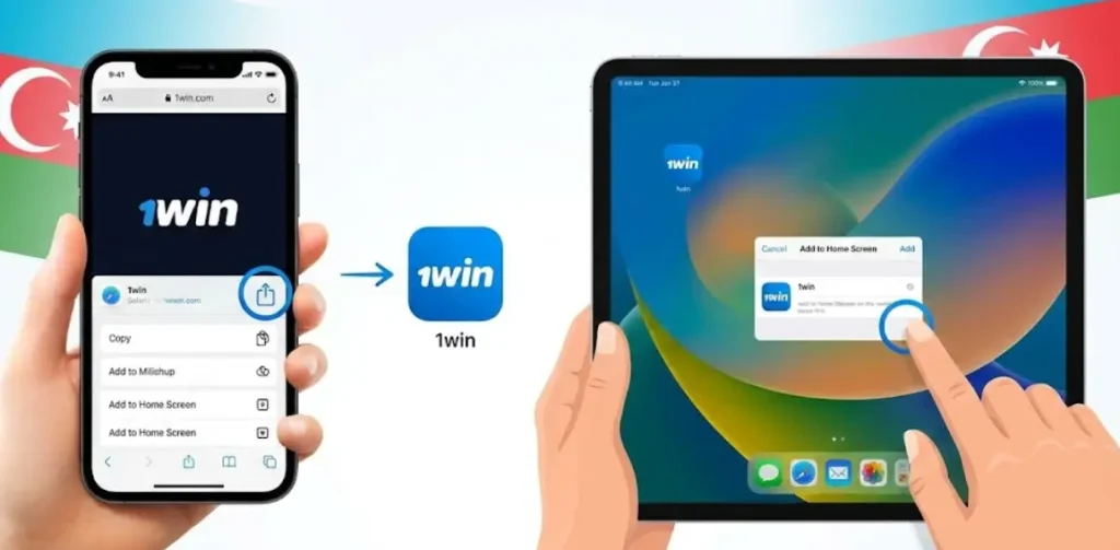 iPhone və iPad cihazlarında 1win PWA tətbiqinin Safari brauzeri vasitəsilə "Ana ekrana əlavə et" funksiyası ilə quraşdırılması